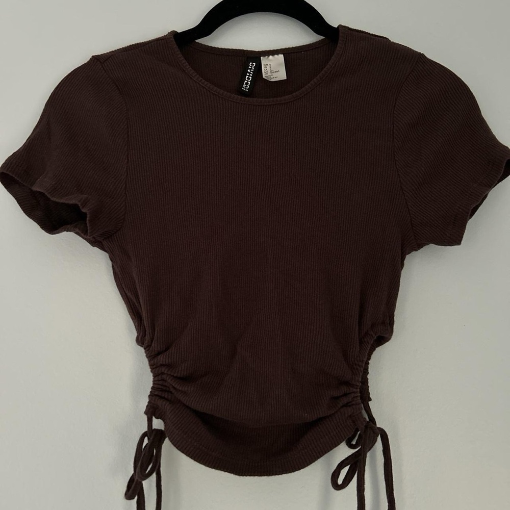 Small Brown Ribbed Crop Top Adjustable Cut Out Sides